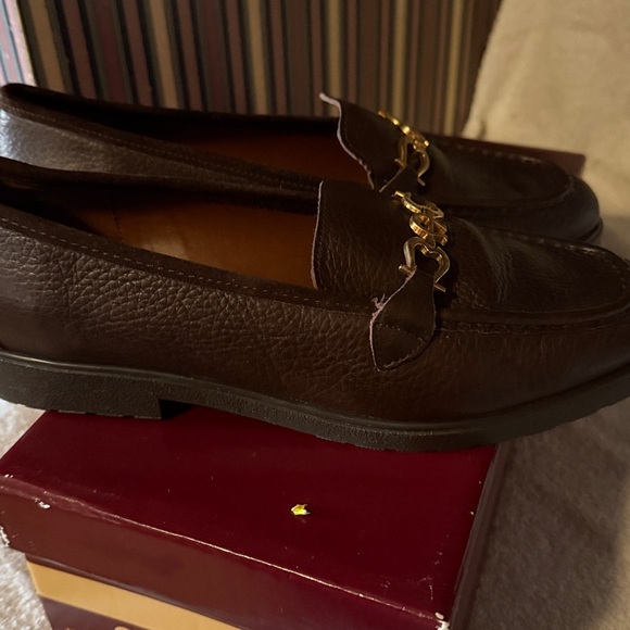 Etienne Aigner Dark Brown Leather Loafers with Gold Tone Hardware - Picture 4 of 6